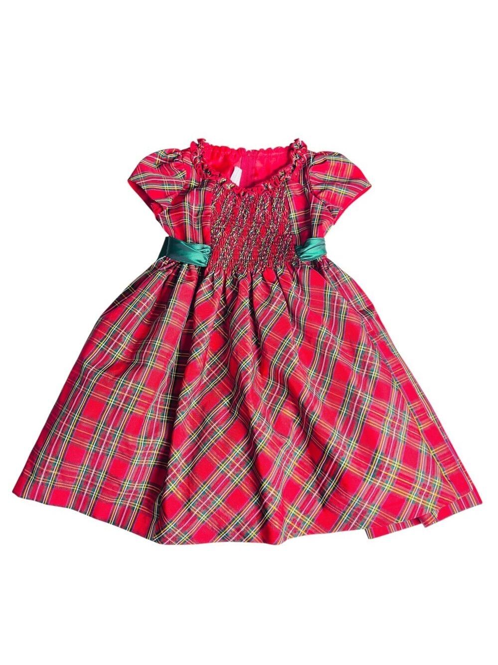Girls Red Plaid Smocked Holiday Dress Short Puff Sleeve Tulle Size 5 - Picture 1 of 10